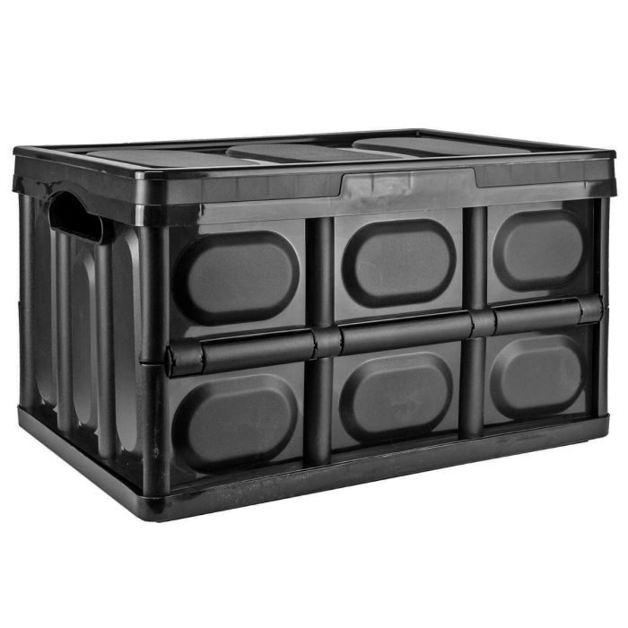 A Black Stackable Folding Storage Box with Lid, Shown on a plain white background.