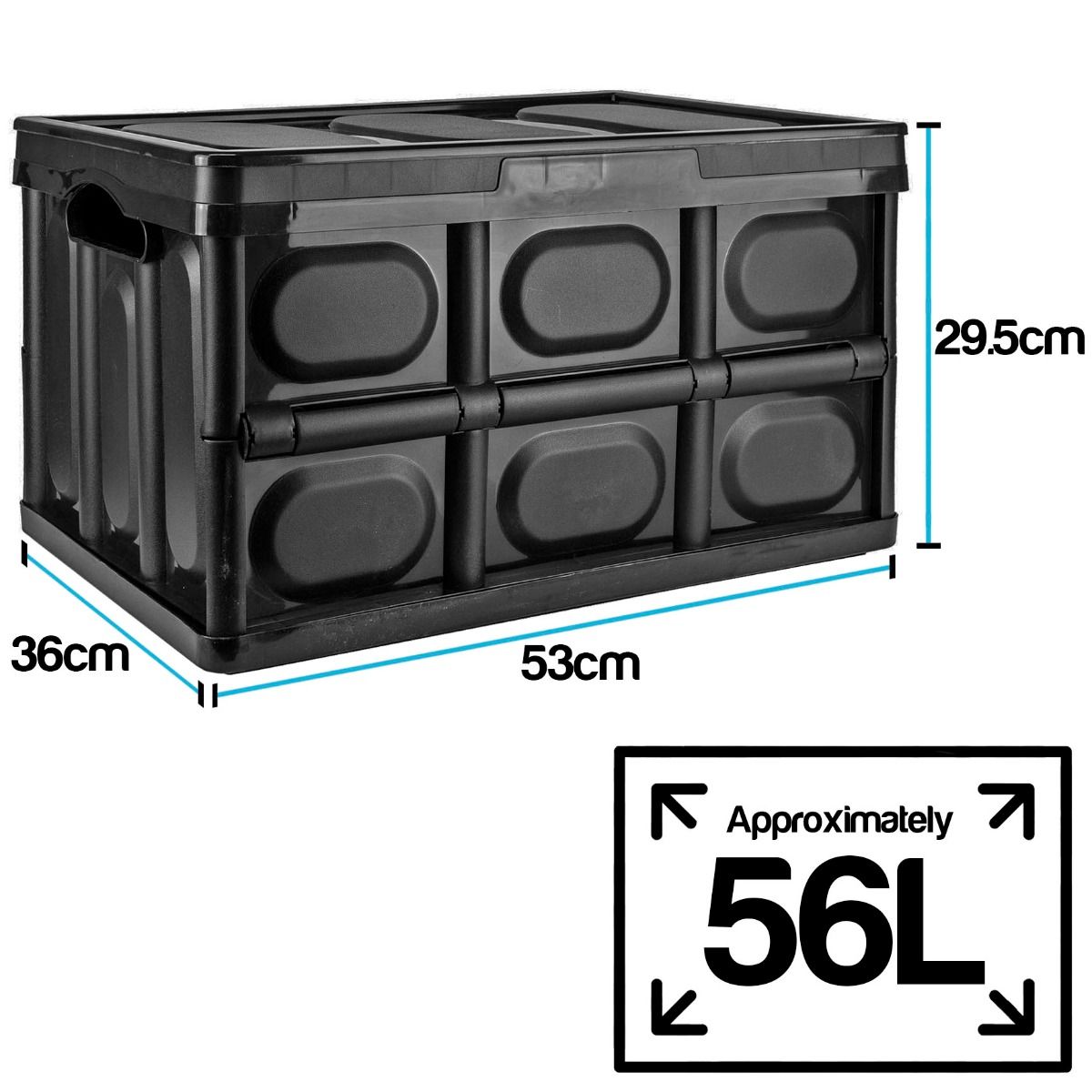 Black plastic folding storage box shown on a white background with dimension labels indicating 36cm width, 53cm length, 29.5cm height, and a 56L capacity graphic.