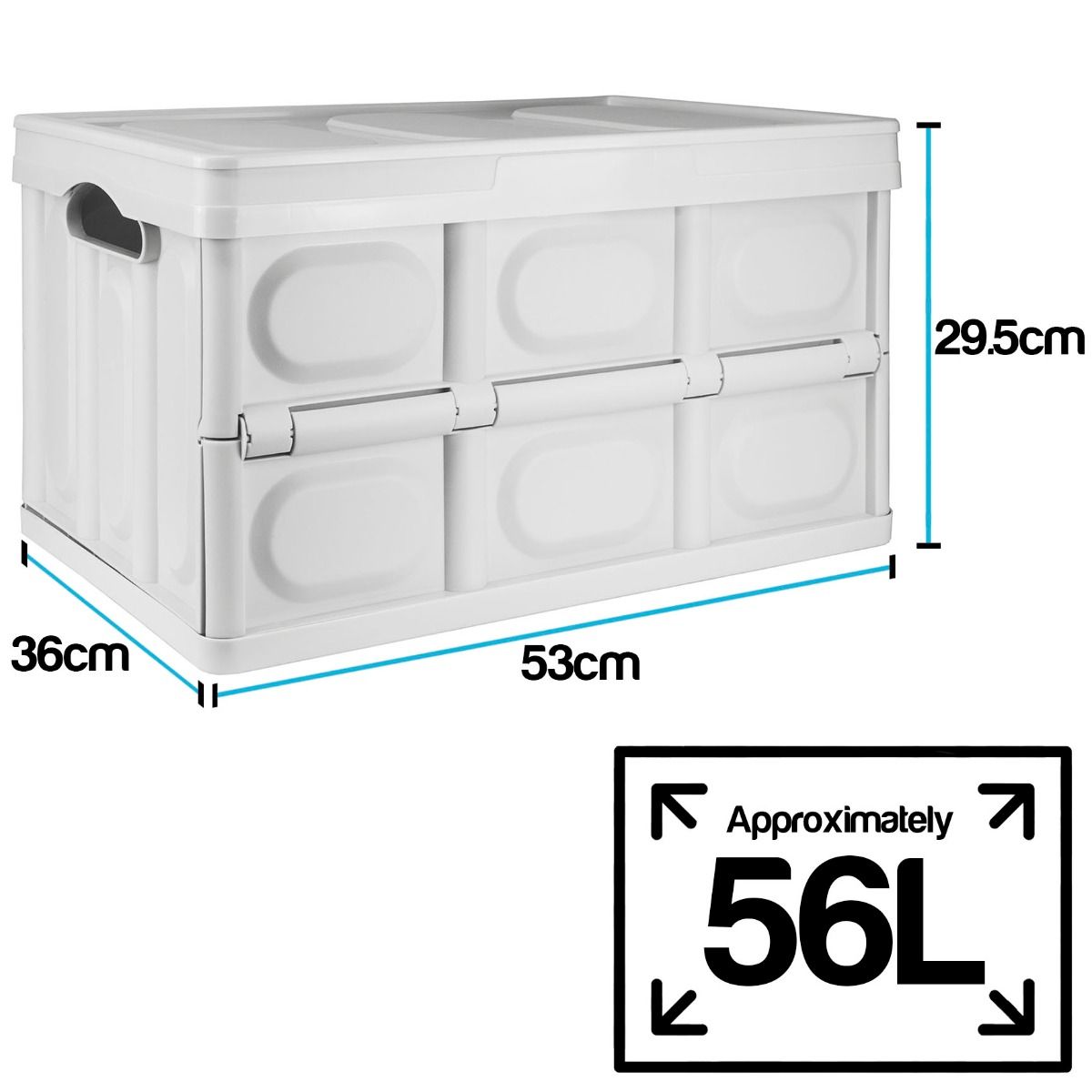 White plastic folding storage box with dimensions labeled 36cm, 53cm, and 29.5cm, plus a black-and-white capacity marker reading approximately 56L.