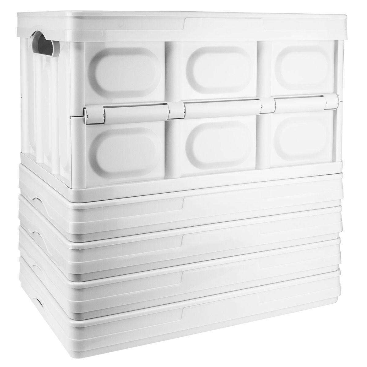 A stack of five white plastic storage bins with fold-out sides, shown on a clean white background.