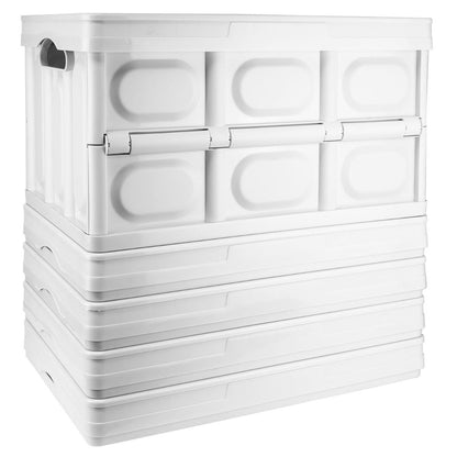 A stack of five white plastic storage bins with fold-out sides, shown on a clean white background.