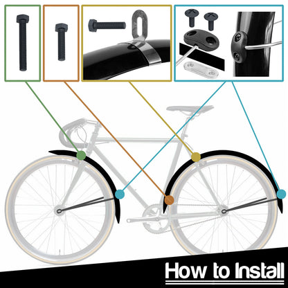 Instructional diagram showing bicycle fenders and mounting hardware with labeled close-up insets and arrows pointing to installation points on a bicycle, plus the text 'How to Install' at the bottom.