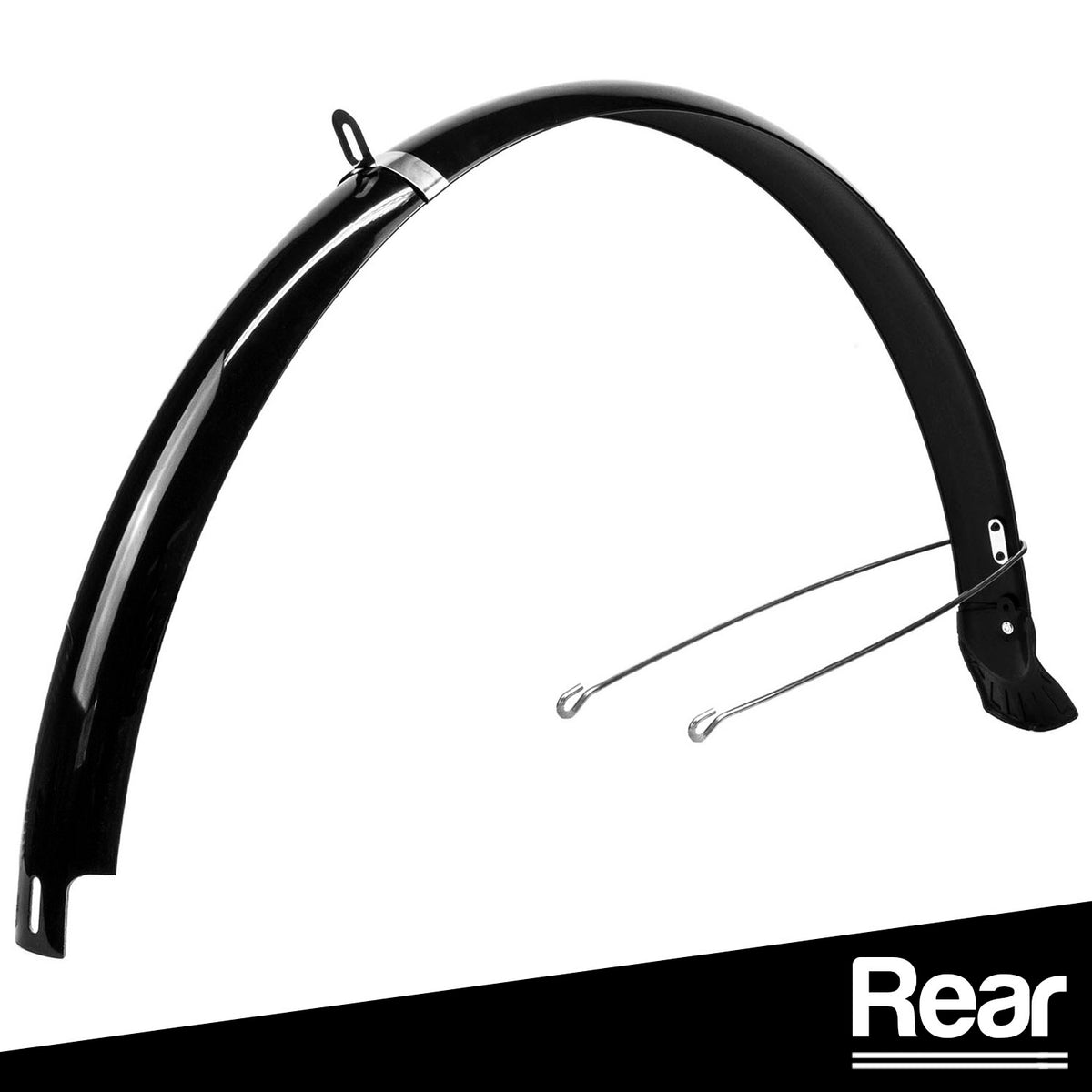A glossy black rear bicycle fender with silver metal mounting hardware, shown on a white background with a black diagonal banner at the bottom containing the text 'Rear'.