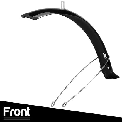 A black front bicycle mudguard fender with silver metal suspension prongs and mounting hardware, shown on a white background with a black banner at the bottom labelled 'Front'.