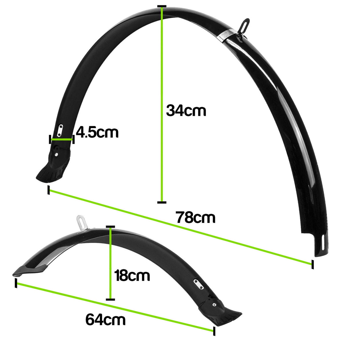 Black bicycle mudguard shown on a white background with green dimension lines and labels indicating height, width, and overall length measurements.