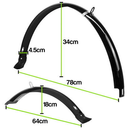 Black bicycle mudguard shown on a white background with green dimension lines and labels indicating height, width, and overall length measurements.
