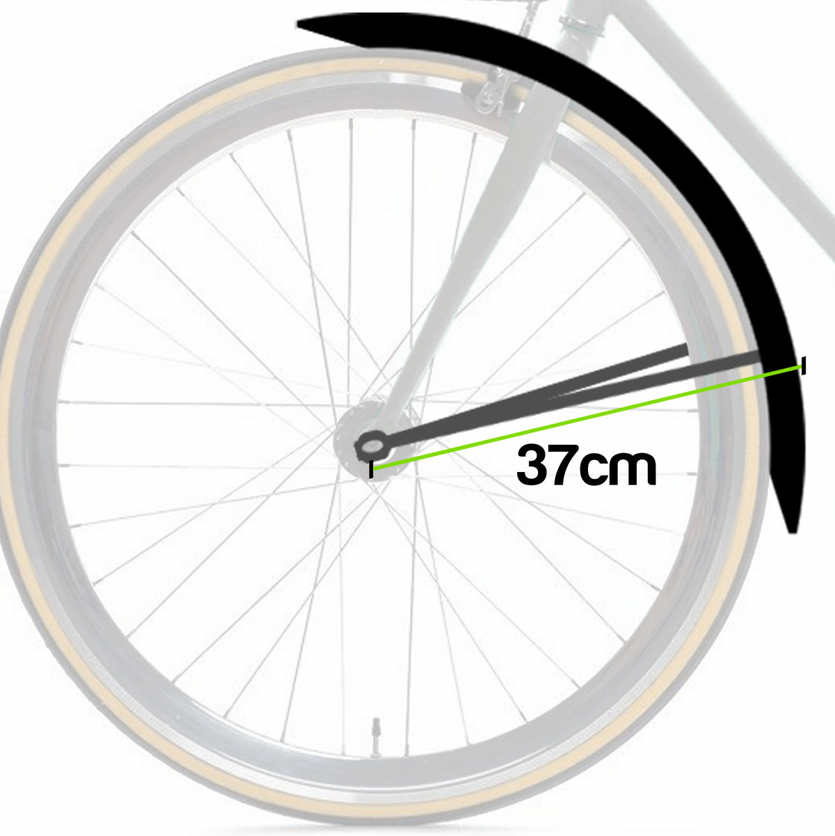 Close-up of a bicycle wheel with a black fender and a green measurement line indicating a 37 cm wheel diameter.