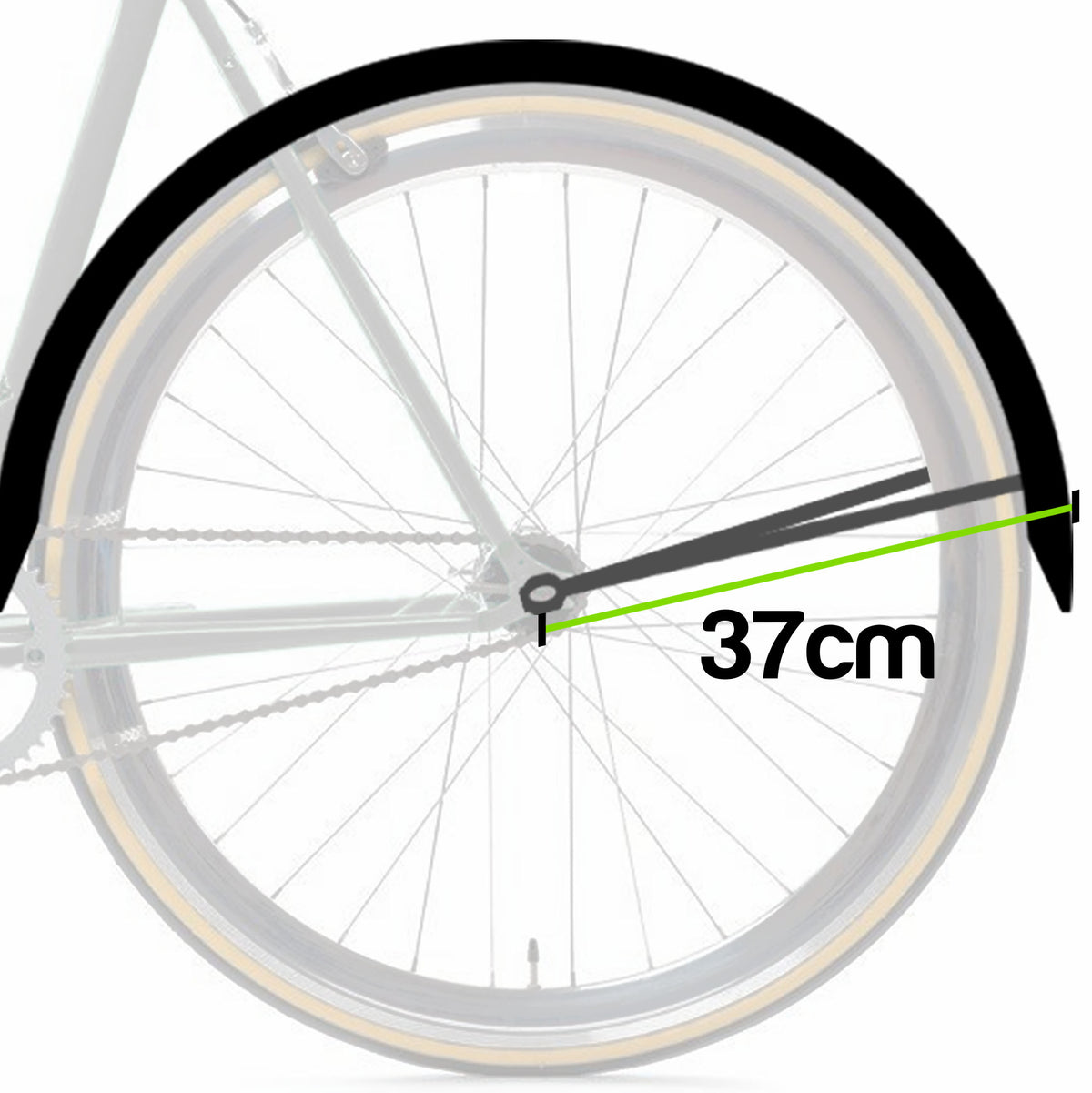 A bicycle wheel with a black fender shown on a white background, with a green measurement line and the text '37cm' indicating the fender's width.