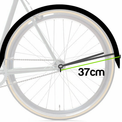 A bicycle wheel with a black fender shown on a white background, with a green measurement line and the text '37cm' indicating the fender's width.