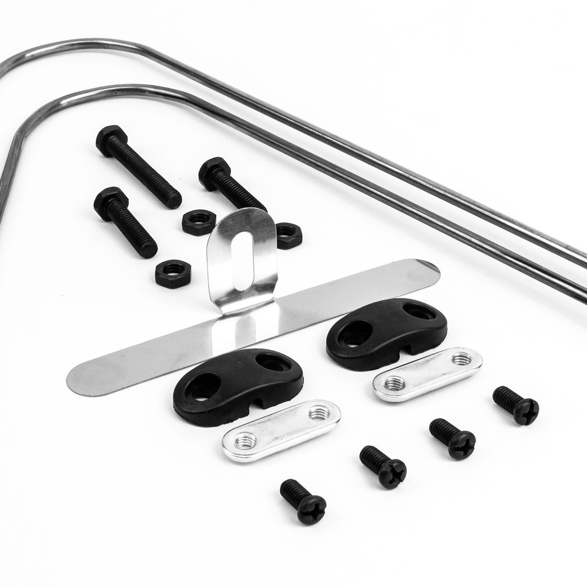 A metal mounting hardware kit with black screws, black plastic clips, silver metal brackets, and two long curved silver rods, arranged on a plain white background.