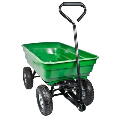 A green plastic dump trolley with a black metal frame, handle, and rugged black tires, shown on a plain white background.