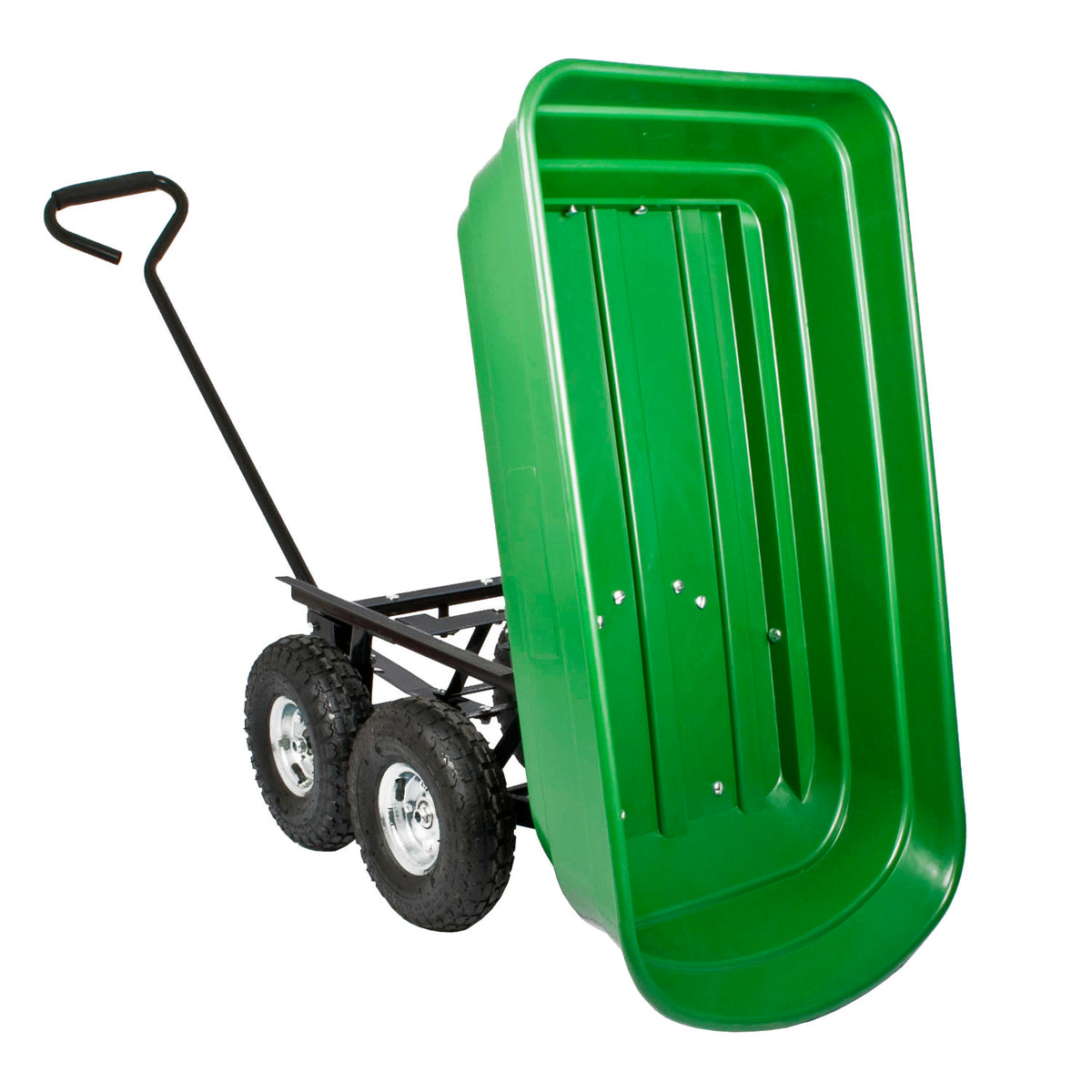 A green plastic dump trolley with a black metal frame and dual black tires, shown on a plain white background.