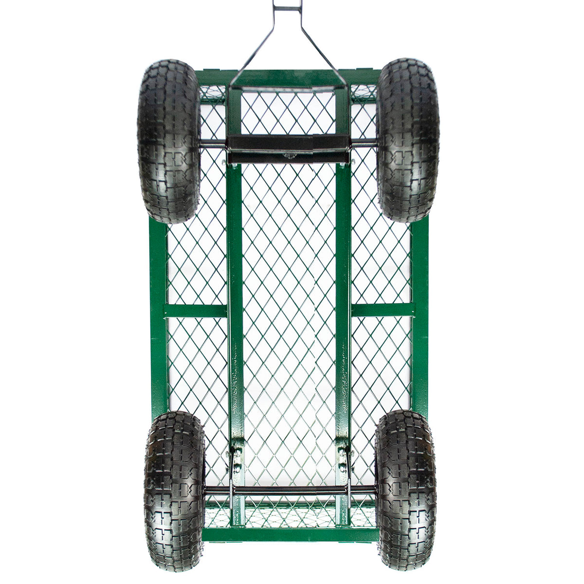 Green metal utility cart with four black rubber tires and a diamond mesh front panel, shown from a top-down view on a white background.