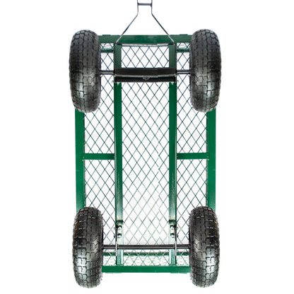 Green metal utility cart with four black rubber tires and a diamond mesh front panel, shown from a top-down view on a white background.