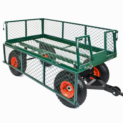 A green metal garden cart with wire mesh sides and black wheels featuring bright orange hubcaps, shown on a plain white background.
