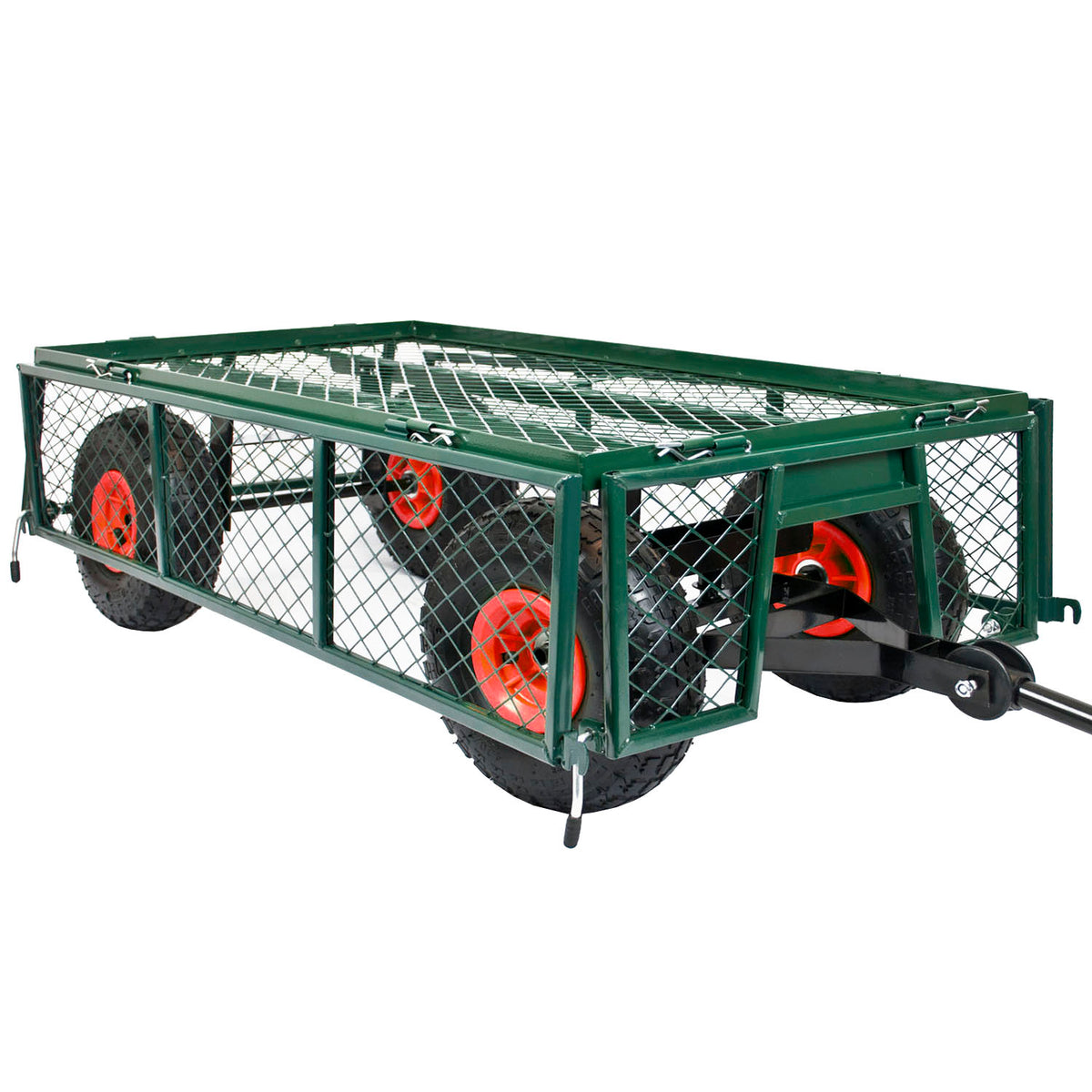 A green metal garden wagon trailer with wire mesh sides and four black wheels with bright orange rims, shown on a plain white background.