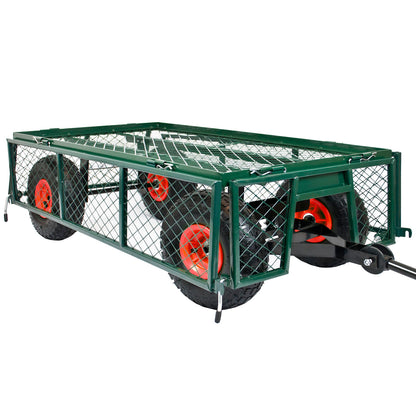 A green metal garden wagon trailer with wire mesh sides and four black wheels with bright orange rims, shown on a plain white background.