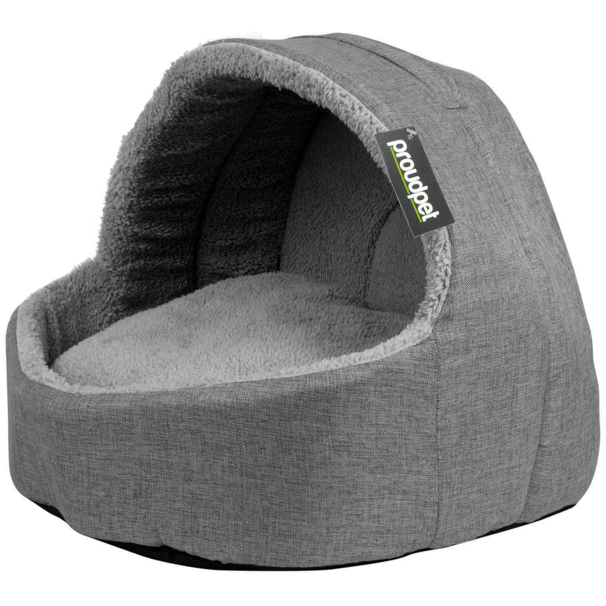 A gray fabric-covered pet bed with a plush fleece interior, shown on a plain white background. A small black brand tag reading 'proudpet' is visible on the side.