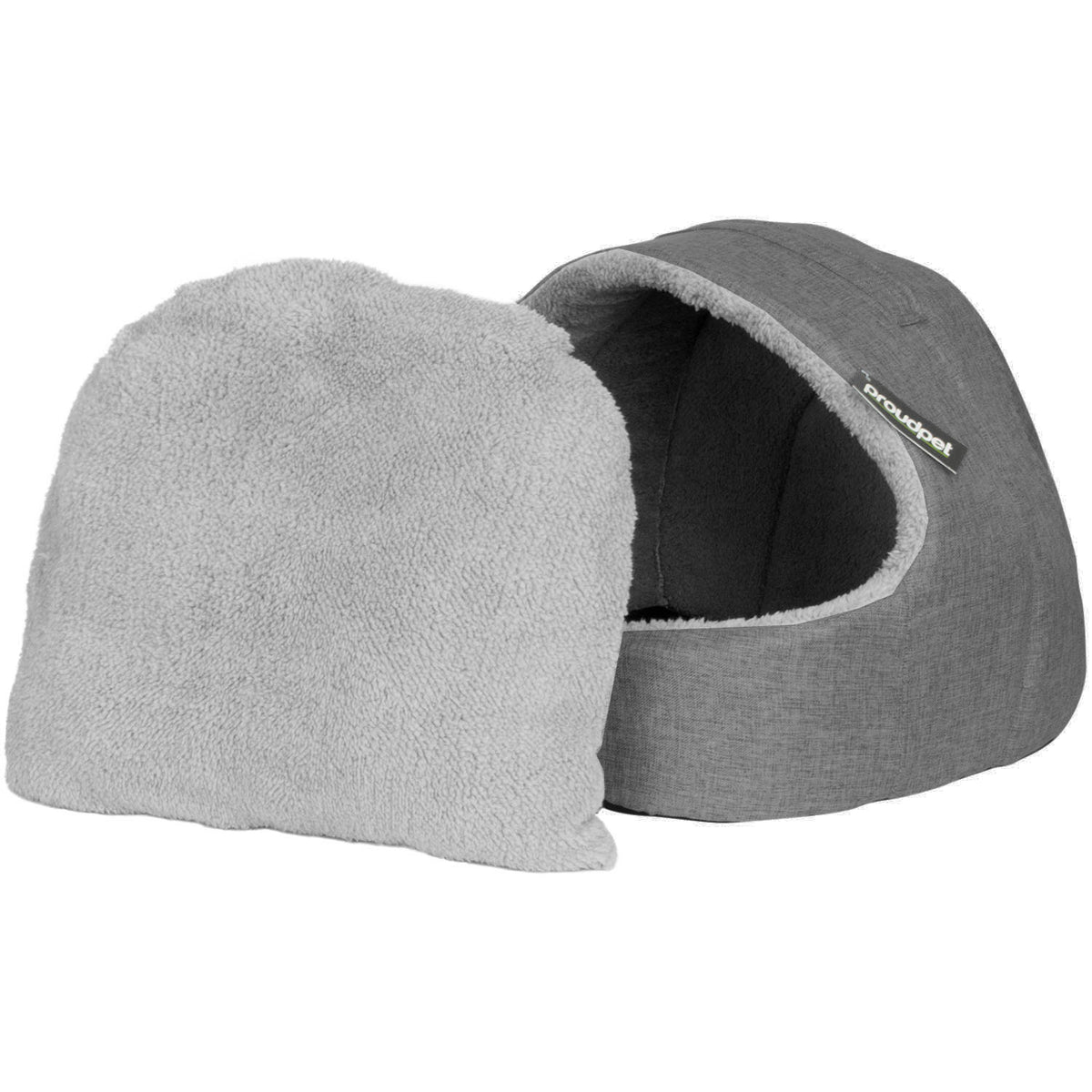 A gray pet bed shown on a white background, with the pillow removed and leaning against the bed. The bed has a heather gray fabric exterior, a soft light gray fleece or sherpa interior, and a small visible brand tag reading 'petralsoft'.