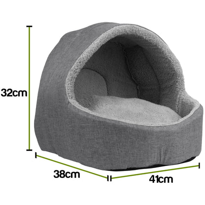 Gray fabric cave-style pet bed with dimension markings showing height 32cm, width 38cm, and depth 41cm on a white background.
