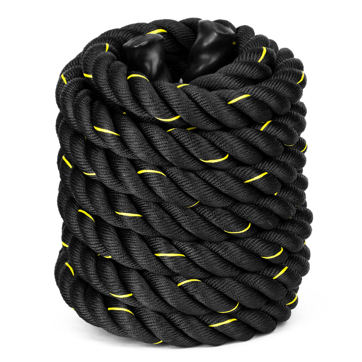 A coiled black battle rope with bright yellow accent stitching, shown on a clean white background.