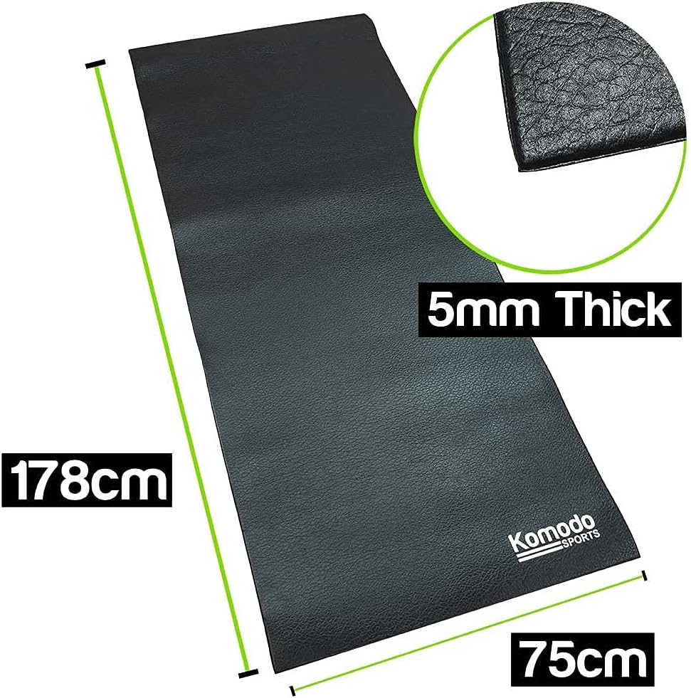 Black textured treadmill, bike and Gym mat with dimension markings showing 178cm length, 75cm width, and a circular inset showing a 5mm thick pebbled leather texture. The brand name 'Komodo SPORT' is printed on the bottom right.