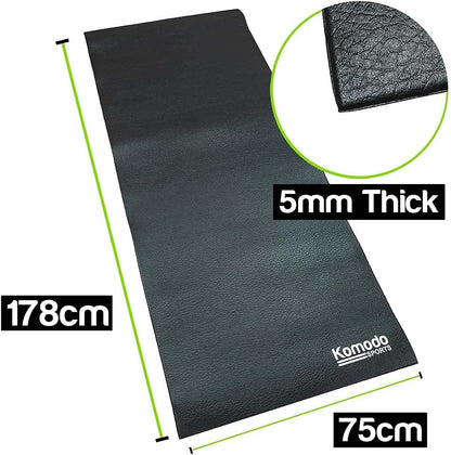 Black textured treadmill, bike and Gym mat with dimension markings showing 178cm length, 75cm width, and a circular inset showing a 5mm thick pebbled leather texture. The brand name 'Komodo SPORT' is printed on the bottom right.