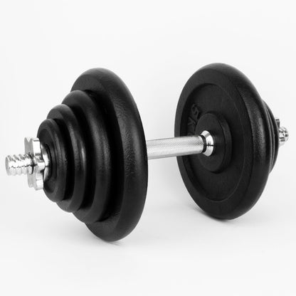 Iron weight plates on a silver dumbbell on a clear white background