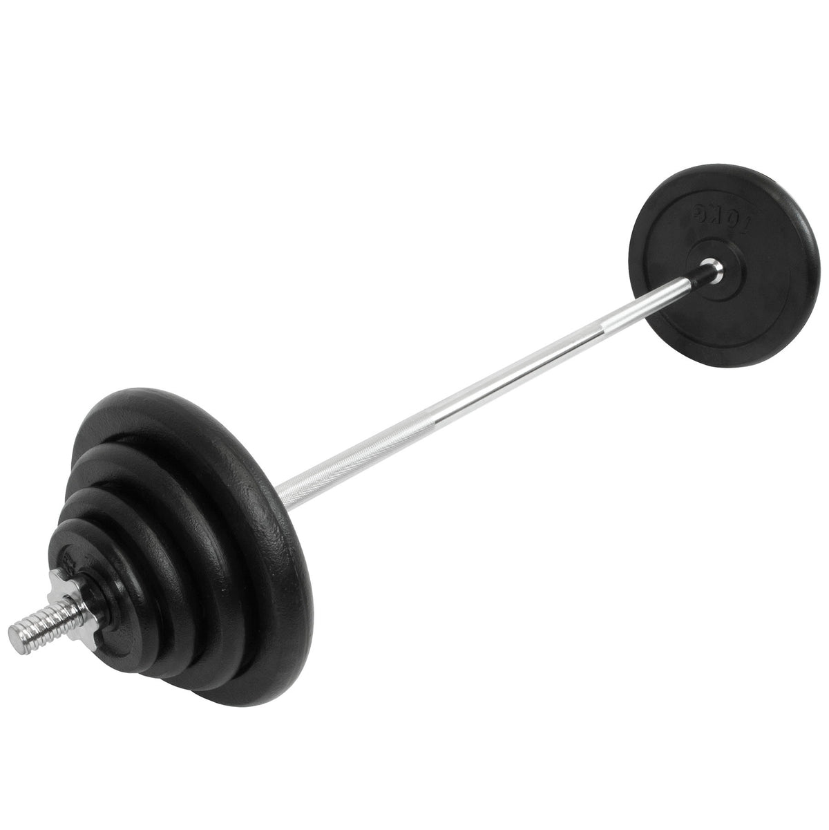 Iron weight plates on a silver barbell with spin locks at either end