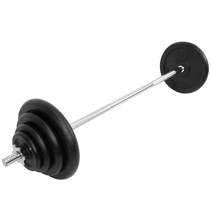 Iron weight plates on a silver barbell with spin locks at either end