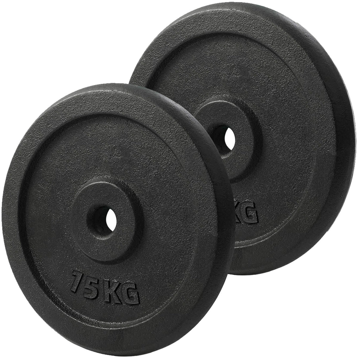 Set of 15kg iron weight plates from Komodo Sports for use with 1 inch dumbbells and barbells