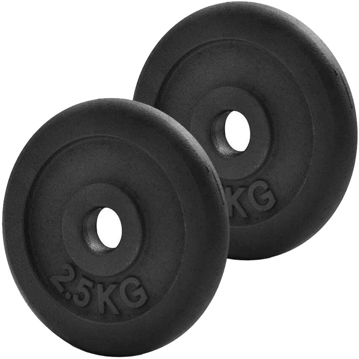 Two black cast iron weight plates with central holes, one marked '2.5KG' and the other partially showing 'KG', on a plain white background.