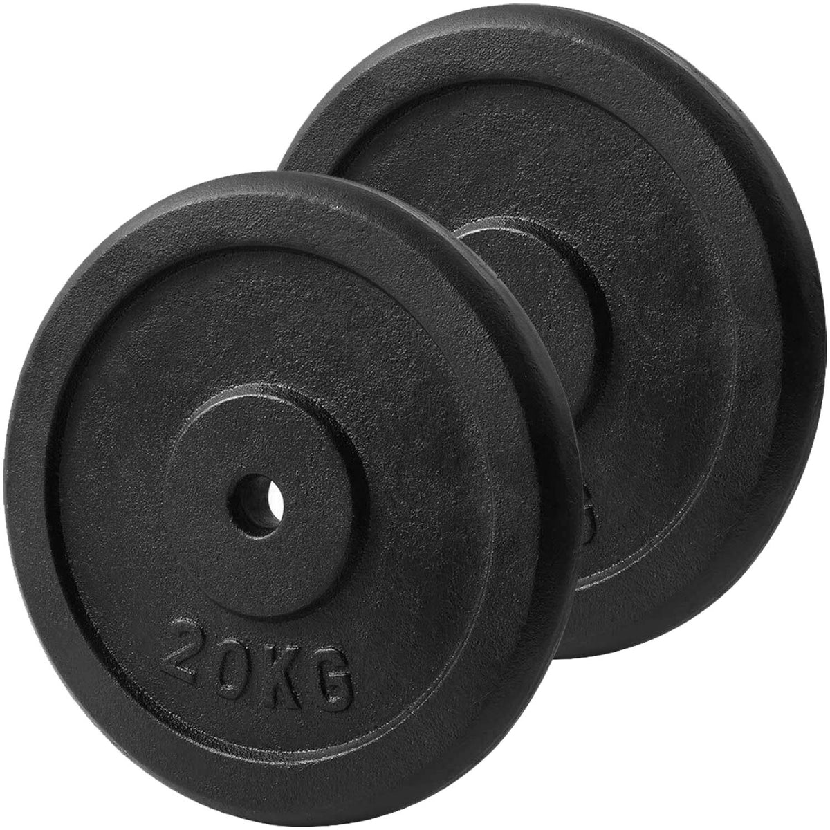 Two black cast iron weight plates stacked, with the front plate embossed with '20KG' on a plain white background.