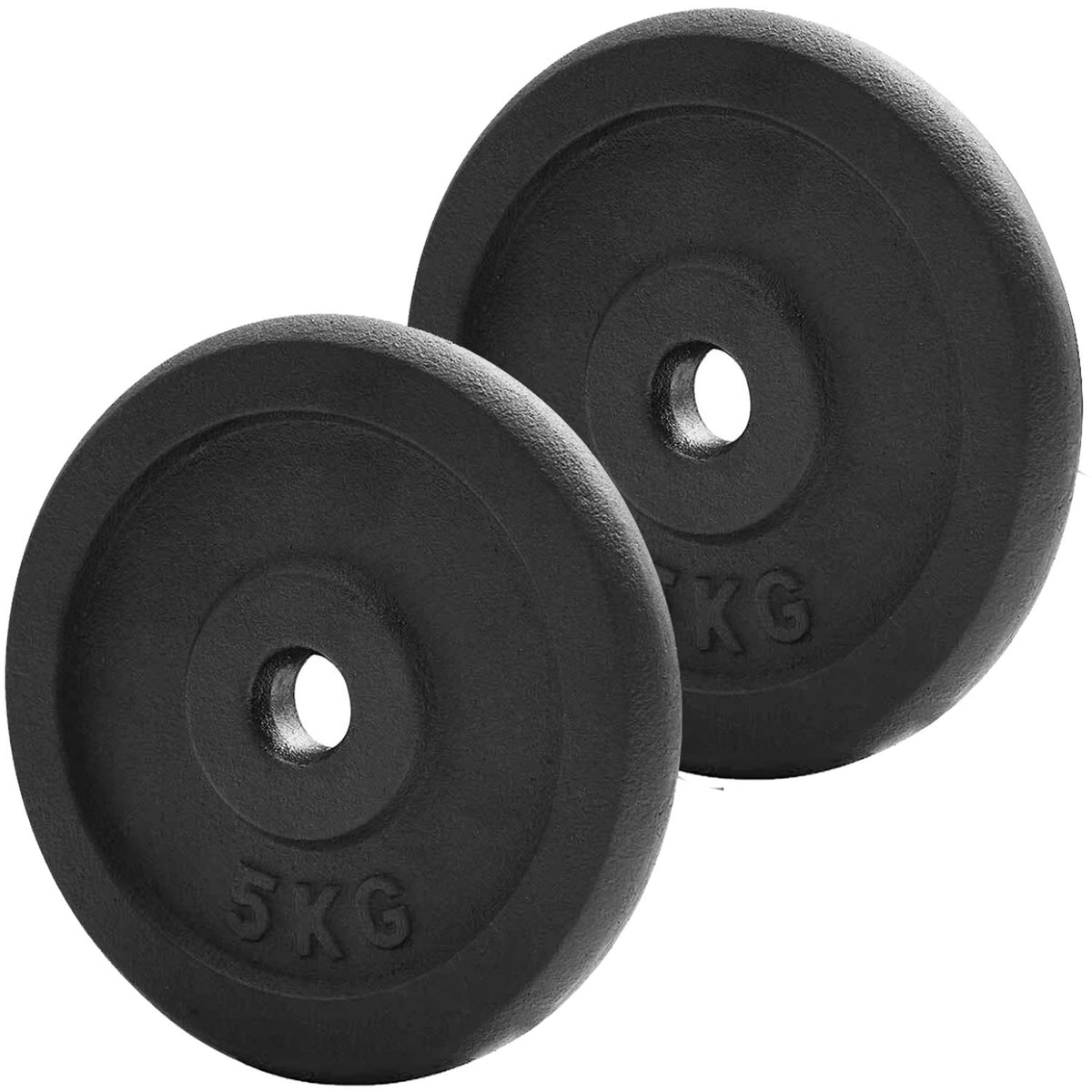 Two black cast iron weight plates with 5KG embossed text, shown on a solid white background.