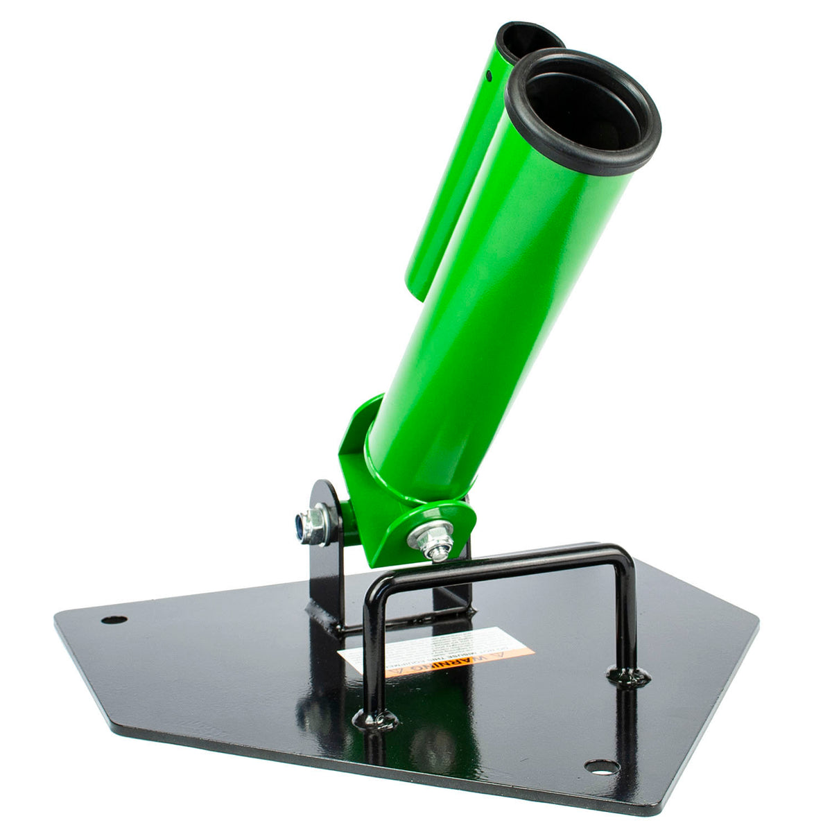 A green and black metal gym floor row mount on a black mounting base, photographed against a plain white background.