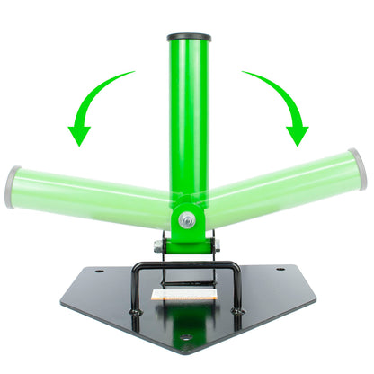 A green and black metal gym accessory with examples of movement, mounted on a black base plate. Green curved arrows are overlaid above the tubes to indicate motion.