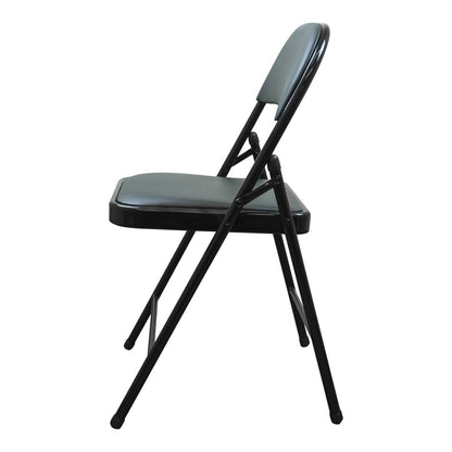 A black folding chair with a padded seat and backrest, shown from a side profile view against a plain white background.