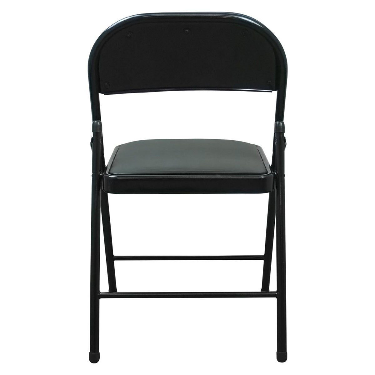 A black folding chair with a padded seat and backrest, shown from the back against a plain white background.