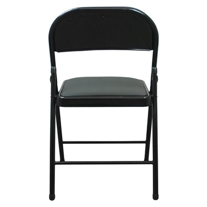 A black folding chair with a padded seat and backrest, shown from the back against a plain white background.