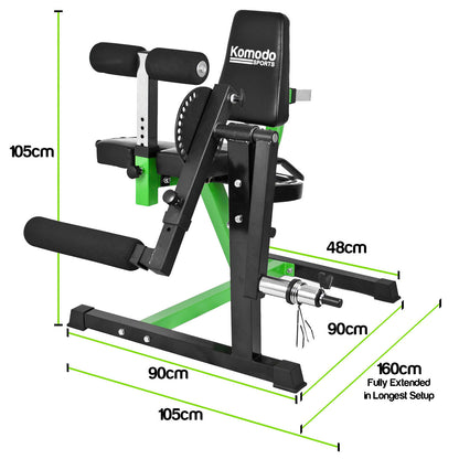 Komado Sports leg extension gym machine shown with green dimension lines and labels indicating measurements in centimeters, on a white background.