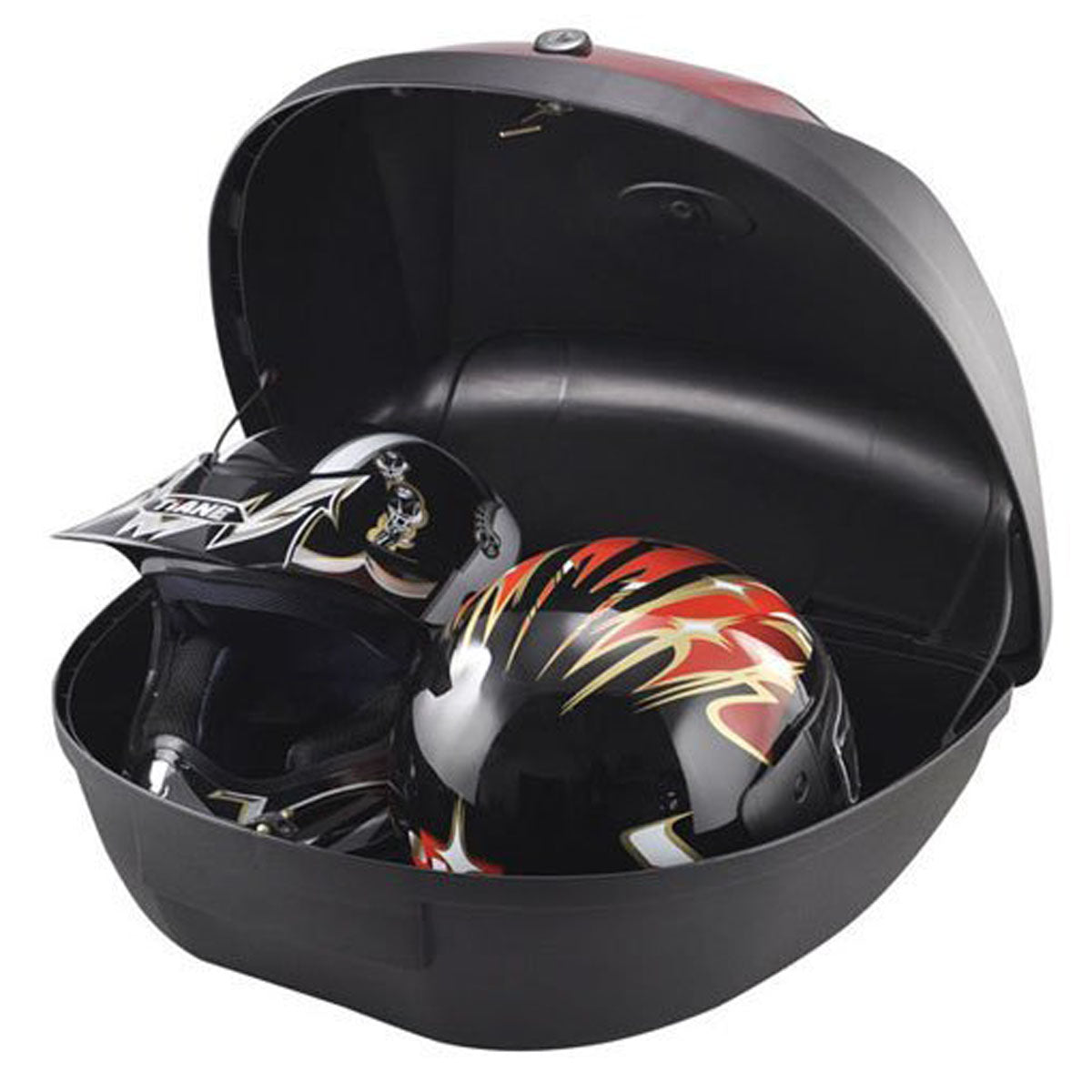 A black hard-shell motorcycle helmet storage case shown open, containing two helmets. One helmet is black with a white graphic, and the other is black with red, orange, and yellow flame graphics.