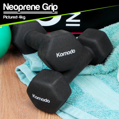 Two black Komodo neoprene hex dumbbells resting on a light blue towel over a wooden surface, with a green exercise ball partially visible and a black banner at the top reading 'Neoprene Grip Pictured: 4kg'.