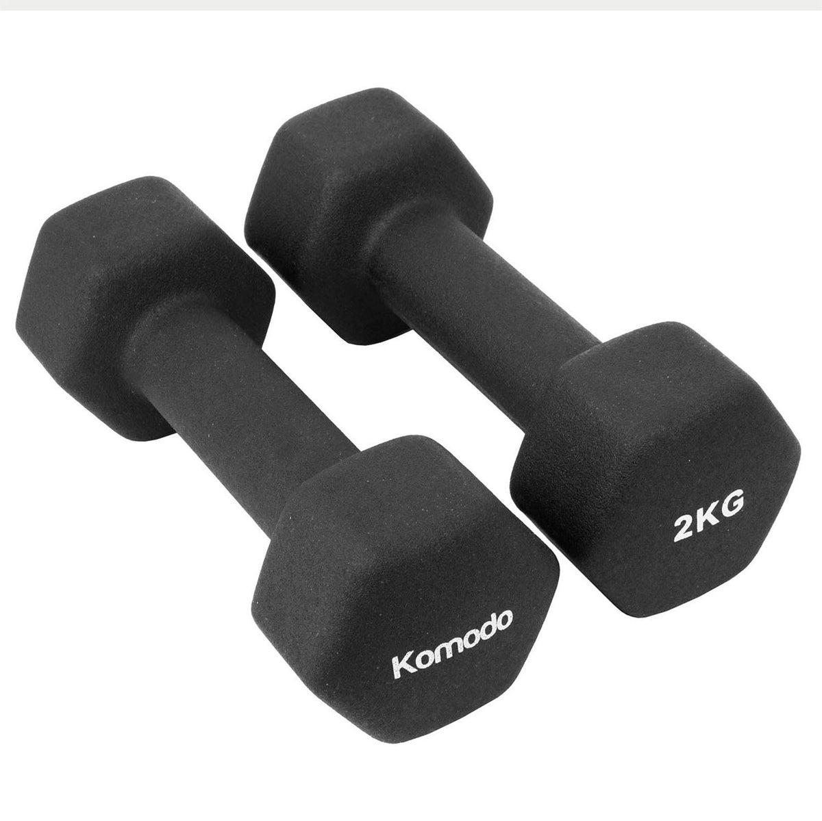 Two black neoprene dumbbells with hexagonal ends, one labeled 'Komodo' and the other '2KG', shown on a plain white background.