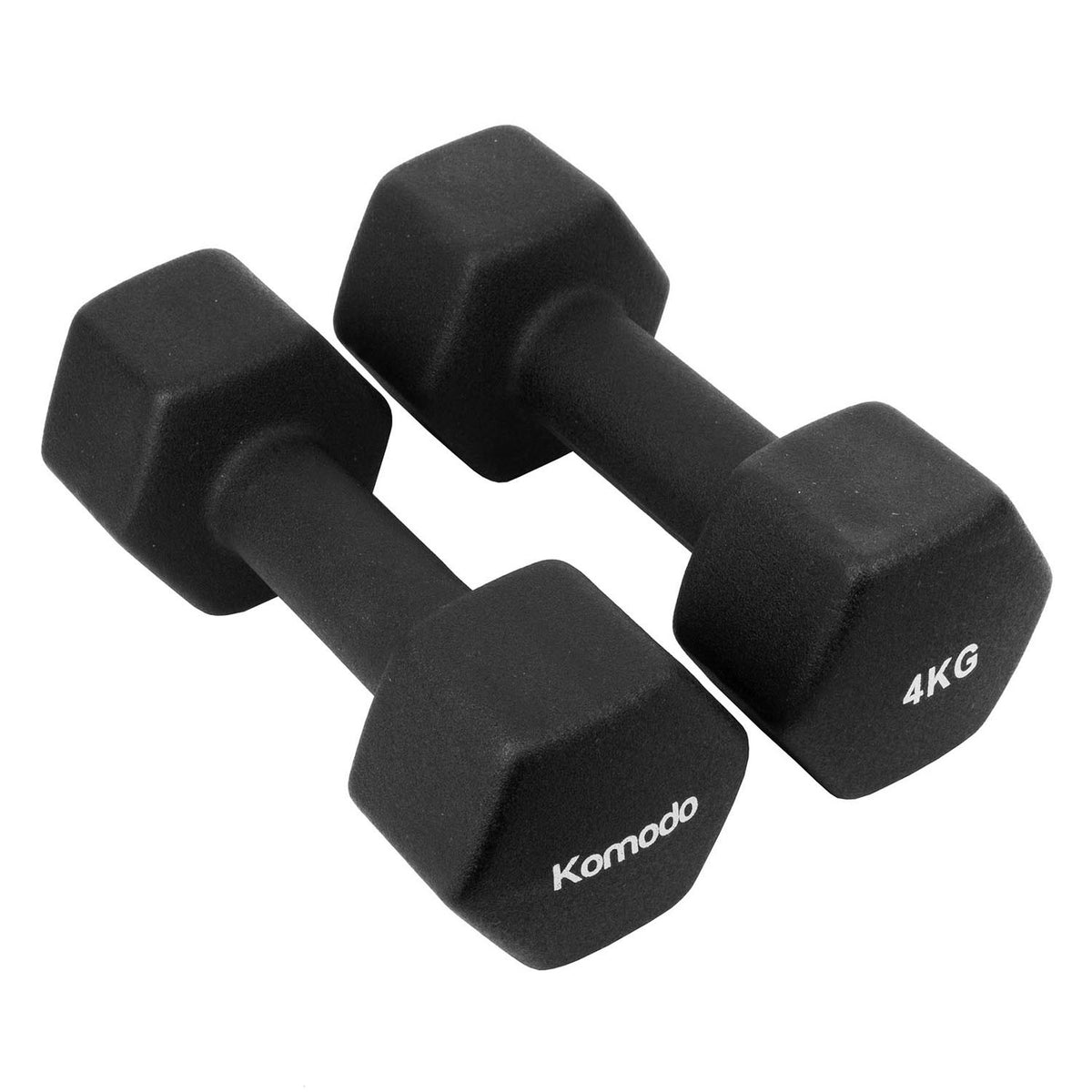 Two black Komodo hex dumbbells on a plain white background, one labeled 4KG.