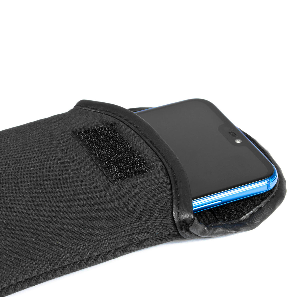 A black fabric phone pouch with a hook-and-loop closure, shown holding a black smartphone with a blue edge, on a white background.
