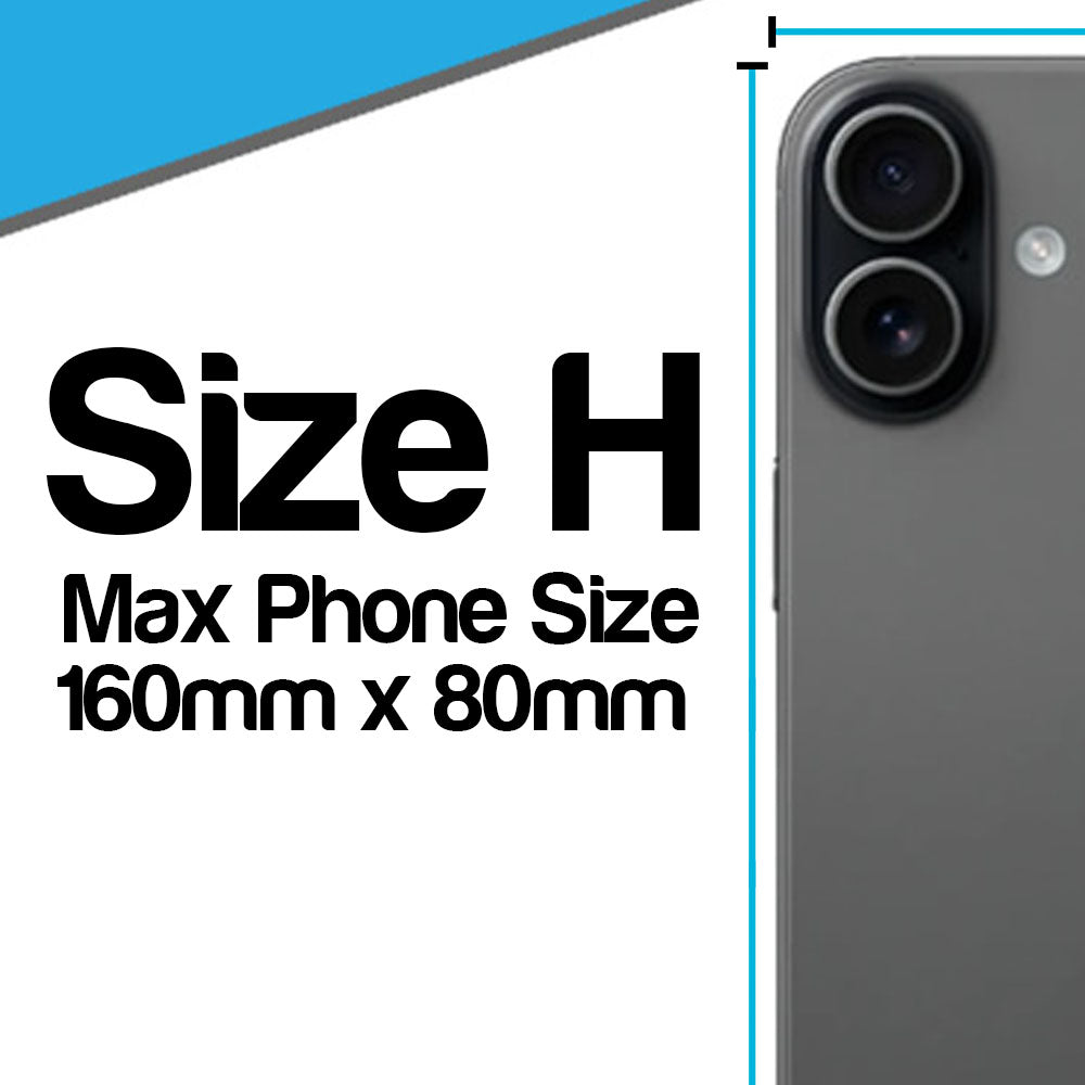 A size diagram showing the suitable phone sizes for a size H neoprene case, showing an example smartphone on the right and blue triangle in the corner