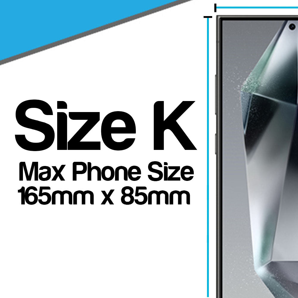 A size diagram showing the suitable phone sizes for a size K neoprene case, showing an example smartphone on the right and blue triangle in the corner