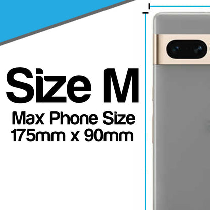 Size M phone case dimensions graphic showing a smartphone back with a blue measurement line and text reading 'Size M Max Phone Size 175mm x 90mm'.