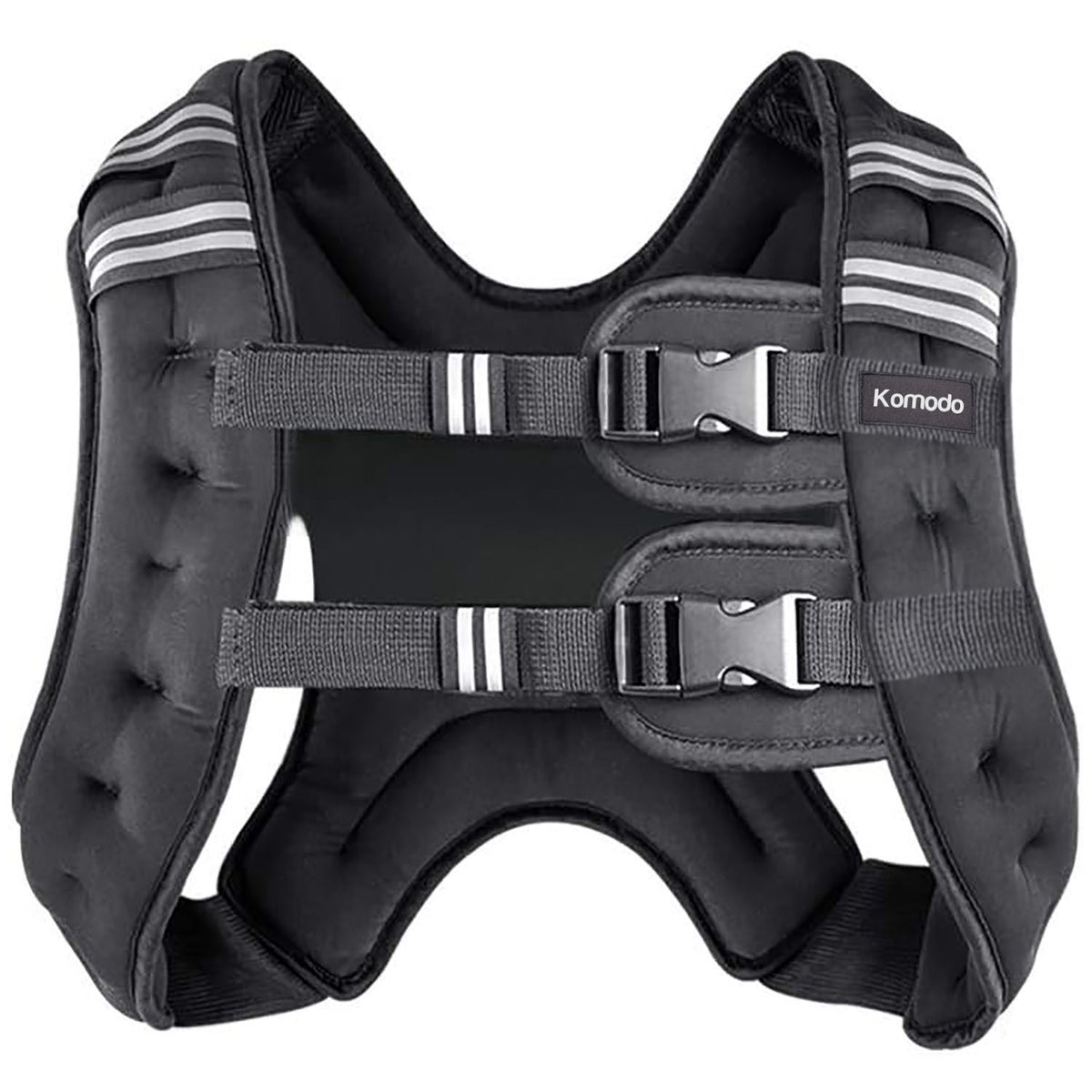 A black padded weighted vest with adjustable straps and plastic buckles, featuring white stripe accents on the shoulder straps, photographed on a solid white background. The brand name 'Komodo' is visible on a small label on the right side.