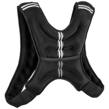 Black athletic weight vest with reflective white stripe details on the shoulder straps and centre front, shown against a plain white background.